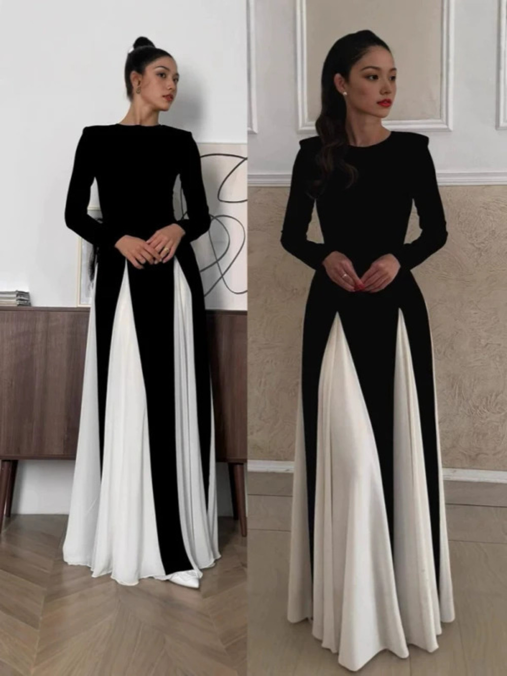 Fall Winter Round Neck Color Block Long Sleeve High Waist Slim Chic Retro Dress - Picture 5 of 6